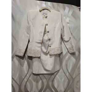 Talbots AJ Bari XS Vintage 80s Cream Moire Embroidered Sequin Trim Skirt Suit